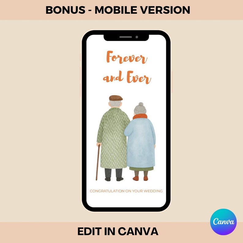 May include: A smartphone displays a wedding-themed illustration. The image features an elderly couple, with the text "Forever and Ever" in orange script. The bottom of the image reads "CONGRATULATION ON YOUR WEDDING". The phone is set against a white background.
