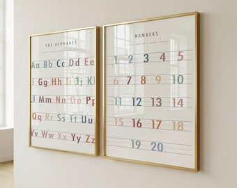 Alphabet and Numbers Handwriting Charts Set, Educational Prints (Digital Download)