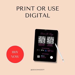 May include: A black tablet with a white stylus on top. The screen displays a scan to pay QR code, with the text "Scan to Pay", "Cash App", "Venmo", "We Also Accept", "GPay", "Pay", and "Let's Connect". The text "Buy Now" is on a red circle.