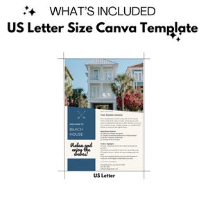 May include: A printable US Letter size Canva template for a beach house rental. The template features a blue and white colour scheme with a photo of a beach house and the text "Welcome to Beach House" and "Relax and enjoy the waves!"
