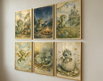 Set of 6 Dragon Nursery Prints, Kids Wall Art, Baby Shower Gift, Fantasy Decor