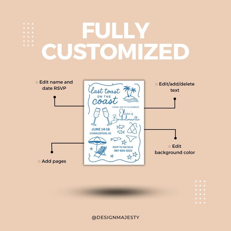 May include: A fully customized invitation with the text "Last Toast on the Coast" in blue. The invitation includes illustrations of champagne glasses, palm trees, and beach-themed icons. Text indicates the event is a bachelorette party.