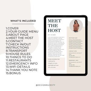 May include: A digital tablet screen displaying a guide for hosts on how to welcome guests. The guide includes sections for a cover, a guide menu, an about page, meeting the host, contact information, check-in/out instructions, transportation, house rules, things to do, restaurants, emergency information, Wi-Fi details, a thank you note, and a bonus section. The guide also includes a photo of a woman with a pink shirt.