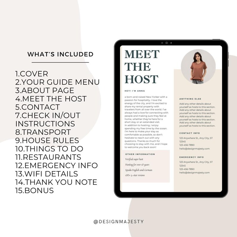 May include: A digital tablet screen displaying a guide for hosts on how to welcome guests. The guide includes sections for a cover, a guide menu, an about page, meeting the host, contact information, check-in/out instructions, transportation, house rules, things to do, restaurants, emergency information, Wi-Fi details, a thank you note, and a bonus section. The guide also includes a photo of a woman with a pink shirt.