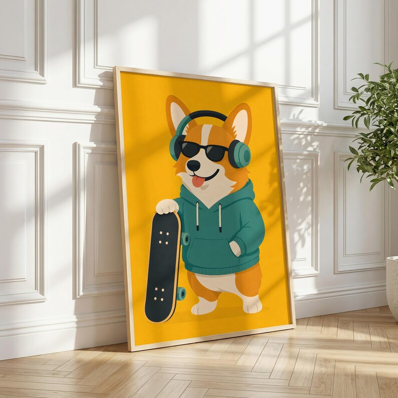 May include: A framed wall art print featuring a cartoon Corgi dog wearing a teal hoodie, black sunglasses, and teal headphones. The Corgi is standing on a bright yellow background and holding a black skateboard with teal wheels in its front paw.