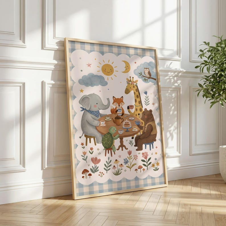 May include: A framed wall art print featuring a light blue and white gingham border. The illustration depicts an elephant, fox, giraffe, bear, and turtle sitting at a round table having tea, surrounded by flowers, mushrooms, a sun, moon, and owl.