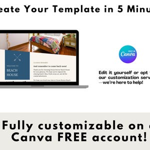May include: A laptop screen displaying a website template for a beach house rental. The template is customisable and can be edited in Canva. The text on the screen reads "Welcome to Beach House" and "And remember to come back soon!" The image also includes a Canva logo with the text "Edit in Canva".