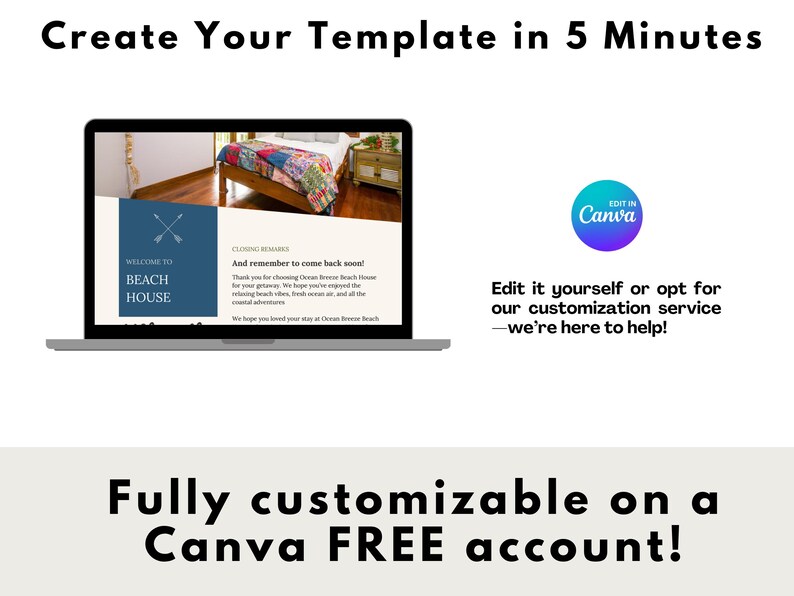 May include: A laptop screen displaying a website template for a beach house rental. The template is customisable and can be edited in Canva. The text on the screen reads "Welcome to Beach House" and "And remember to come back soon!" The image also includes a Canva logo with the text "Edit in Canva".