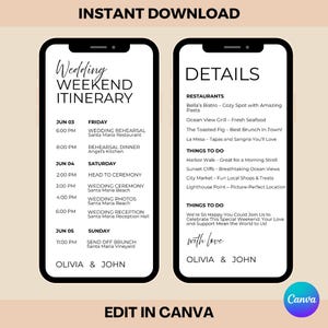 May include: Two smartphone mockups displaying a wedding weekend itinerary and details. The itinerary includes the date, time, and events. The details include restaurant recommendations and things to do. The text says "Instant Download" and "Edit in Canva".