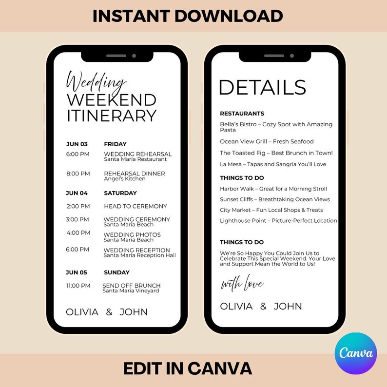May include: Two smartphone mockups displaying a wedding weekend itinerary and details. The itinerary includes the date, time, and events. The details include restaurant recommendations and things to do. The text says "Instant Download" and "Edit in Canva".