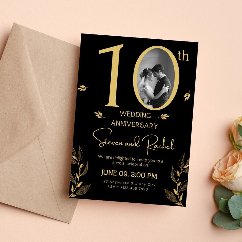 May include: Black and gold 10th wedding anniversary invitation with a photo of a couple. The invitation includes the names "Steven and Rachel", event details, and RSVP information. A brown envelope is in the background.