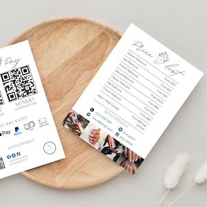 May include: A white price list for nail salon services with prices listed for classic, gel, and French manicures and pedicures, as well as a mani-pedi combo. The price list also includes contact information for the salon, including a phone number, email address, and social media handles.