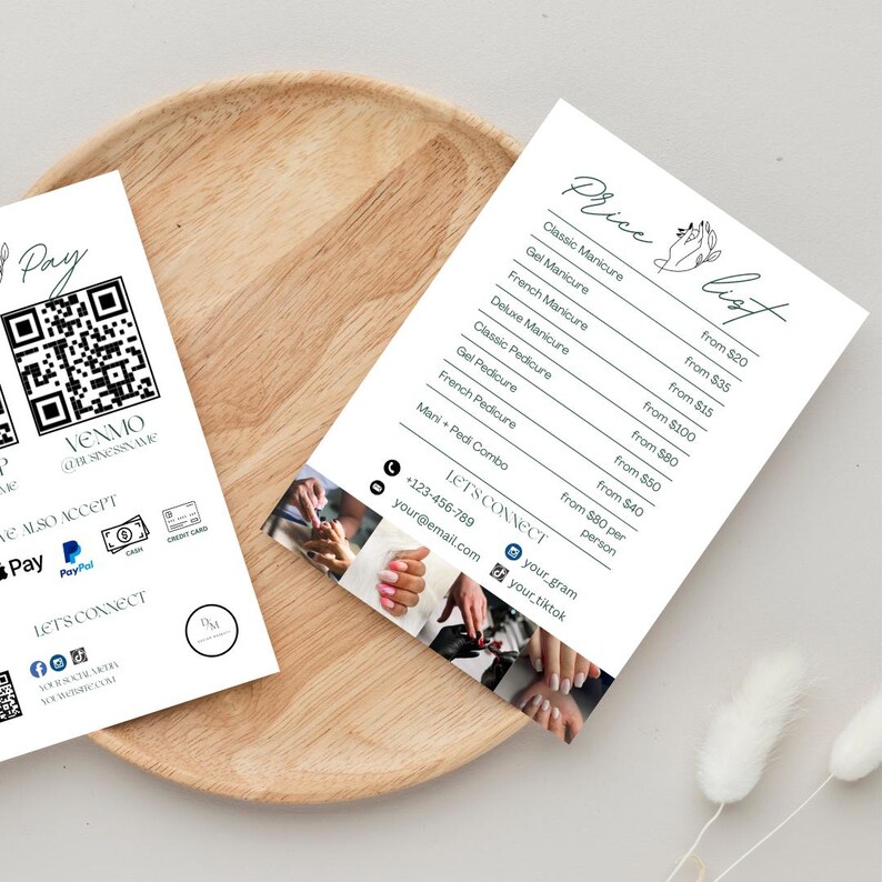 May include: A white price list for nail salon services with prices listed for classic, gel, and French manicures and pedicures, as well as a mani-pedi combo. The price list also includes contact information for the salon, including a phone number, email address, and social media handles.