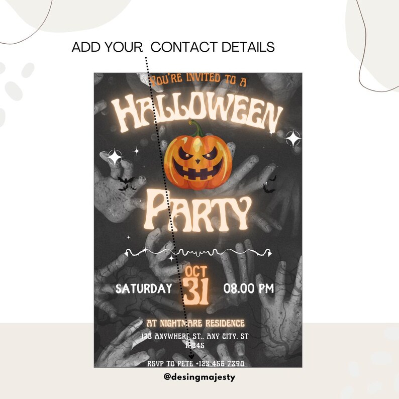 May include: Halloween party invitation with a spooky design. Features a glowing orange jack-o'-lantern, skeletal hands, and the text "Halloween Party." Includes date, time, and location details. The invitation is set against a dark, textured background.