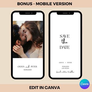 Op de afbeelding: Twee smartphones met een save-the-date ontwerp voor een bruiloft. E&eacute;n toont een kussend stel, de andere heeft "Save the Date" tekst, namen, datum en locatie. Het ontwerp is in zwart en wit.