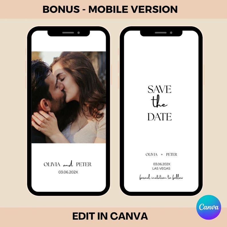 Op de afbeelding: Twee smartphones met een save-the-date ontwerp voor een bruiloft. E&eacute;n toont een kussend stel, de andere heeft "Save the Date" tekst, namen, datum en locatie. Het ontwerp is in zwart en wit.