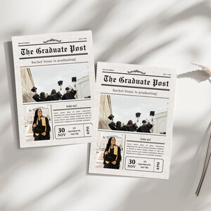 May include: A graduation announcement in the style of a newspaper with a black and white photo of a group of people wearing graduation caps and gowns. The headline reads "The Graduate Post" and the text below says "Rachel Stone is graduating!" The announcement includes the date and time of the graduation ceremony.