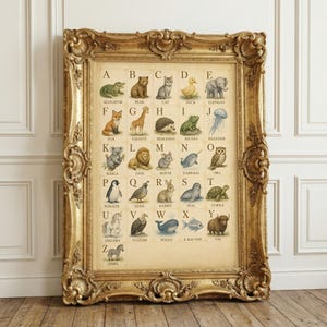 Puede incluir: Una l&aacute;mina de pared con el alfabeto e ilustraciones de animales de la A a la Z, incluyendo caim&aacute;n, oso, gato, pato, elefante, zorro, jirafa, erizo, iguana, medusa, koala, le&oacute;n, rat&oacute;n, narval, b&uacute;ho, ping&uuml;ino, codorniz, conejo, foca, tortuga, unicornio, buitre, ballena, pez cirujano, yak y cebra, en un marco dorado ornamentado.