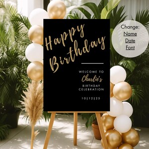 Op de afbeelding: Zwart welkomstschild met gouden belettering met de tekst "Happy Birthday" en "Welcome to Charlie's Birthday Celebration 10|12|25".