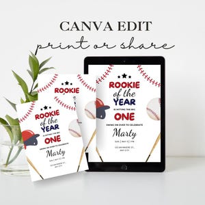 May include: A printable baseball-themed birthday invitation for a one-year-old. The invitation features a baseball bat, baseball, and a red and blue baseball cap. The text reads "Rookie of the Year is hitting the big one. Swing on over to celebrate Marty. Sun. May 5 | 1 PM. 123 Anywhere St. Any City."