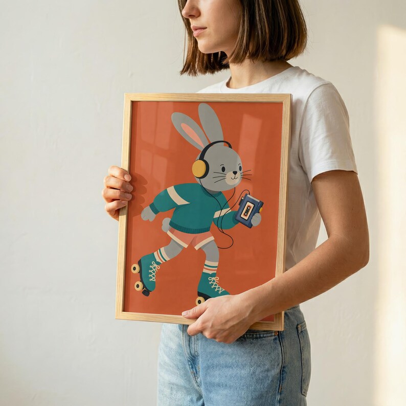 Peut inclure: Une impression d'art encadr&eacute;e repr&eacute;sentant un lapin gris portant une tenue de sport bleu sarcelle et rose, un casque jaune et des patins &agrave; roulettes. Le lapin tient un lecteur de cassette bleu sur un fond orange br&ucirc;l&eacute;, cr&eacute;ant une illustration vive.