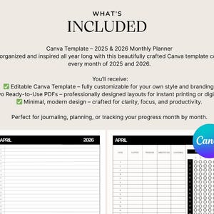 Op de afbeelding: Een digitale plantemplates met de tekst "WHAT'S INCLUDED" en "Canva Template - 2025 & 2026 Monthly Planner". De template bevat aanpasbare PDF's voor journaling, planning en het volgen van voortgang. Het Canva-logo is zichtbaar.