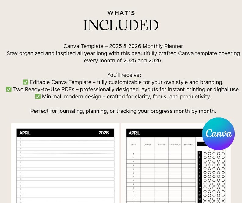 Op de afbeelding: Een digitale plantemplates met de tekst "WHAT'S INCLUDED" en "Canva Template - 2025 & 2026 Monthly Planner". De template bevat aanpasbare PDF's voor journaling, planning en het volgen van voortgang. Het Canva-logo is zichtbaar.