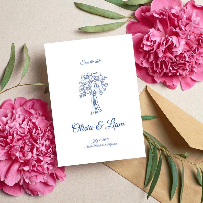 Puede incluir: Una tarjeta blanca de guardar la fecha con texto azul. La tarjeta presenta un dibujo de l&iacute;nea azul de un ramo de flores y el texto "Save the date", "Olivia & Liam", "July 1, 2025", y "Santa Barbara, California".