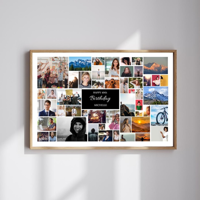 May include: A collage of photos in a white frame with a black border. The collage features a variety of photos, including people, landscapes, and cityscapes. The text "HAPPY 40th Birthday MICHELLE" is printed in white on a black background in the center of the collage.
