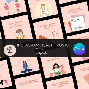 Peut inclure: Une collection de 20 mod&egrave;les de publications Instagram pour du contenu sur la sant&eacute; et le bien-&ecirc;tre. Les mod&egrave;les pr&eacute;sentent des illustrations de personnes m&eacute;ditant, marchant et mangeant sainement. Le texte sur les mod&egrave;les comprend des phrases comme "Signes d'&eacute;puisement professionnel et comment s'en remettre", "Le pouvoir de la marche : 10 000 pas et plus", et "Bien-&ecirc;tre mental".