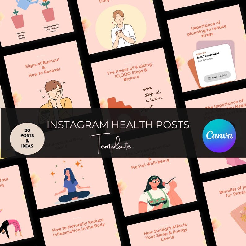 Peut inclure: Une collection de 20 mod&egrave;les de publications Instagram pour du contenu sur la sant&eacute; et le bien-&ecirc;tre. Les mod&egrave;les pr&eacute;sentent des illustrations de personnes m&eacute;ditant, marchant et mangeant sainement. Le texte sur les mod&egrave;les comprend des phrases comme "Signes d'&eacute;puisement professionnel et comment s'en remettre", "Le pouvoir de la marche : 10 000 pas et plus", et "Bien-&ecirc;tre mental".