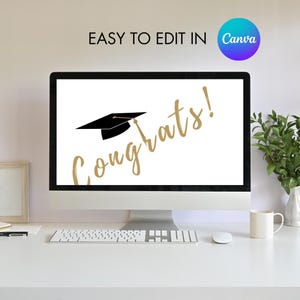 K&ouml;nnte beinhalten: Ein Computerbildschirm zeigt einen wei&szlig;en Hintergrund mit dem Text "Congrats!" in goldener Schrift und einer schwarzen Abschluss-Kappe &uuml;ber dem Text. Der Text "EASY TO EDIT IN Canva" wird &uuml;ber dem Bildschirm angezeigt.