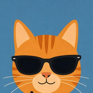 May include: A graphic illustration of an orange tabby cat face with dark stripes on the forehead. The cat is wearing black-rimmed sunglasses and has a small pink nose, a curved mouth, and long white whiskers against a solid blue background.