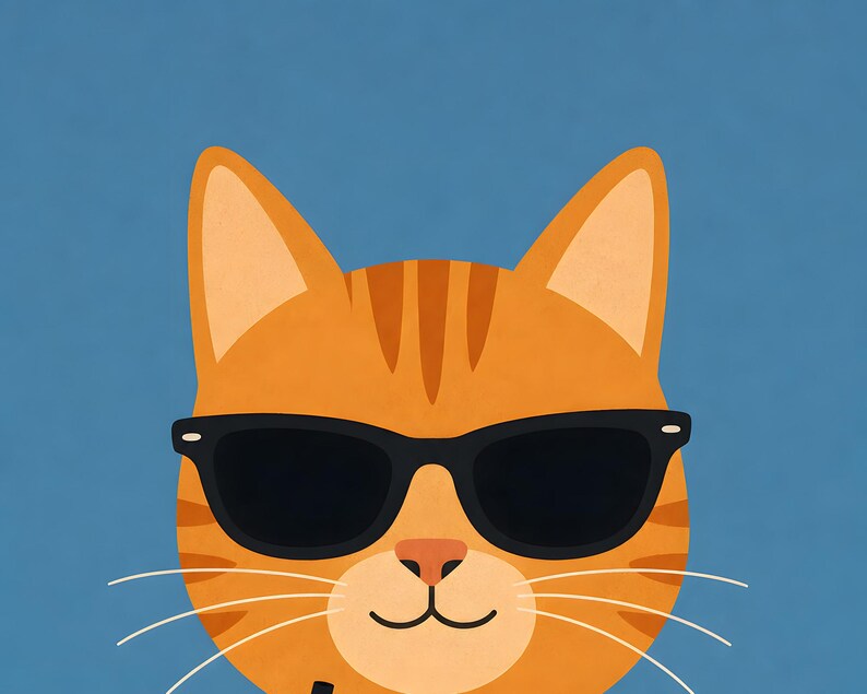 May include: A graphic illustration of an orange tabby cat face with dark stripes on the forehead. The cat is wearing black-rimmed sunglasses and has a small pink nose, a curved mouth, and long white whiskers against a solid blue background.
