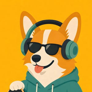May include: A digital illustration of a Corgi dog wearing black sunglasses and teal over-ear headphones. The dog has orange and white fur, a black nose, and a pink tongue sticking out. It is wearing a teal hooded sweatshirt against a yellow background.