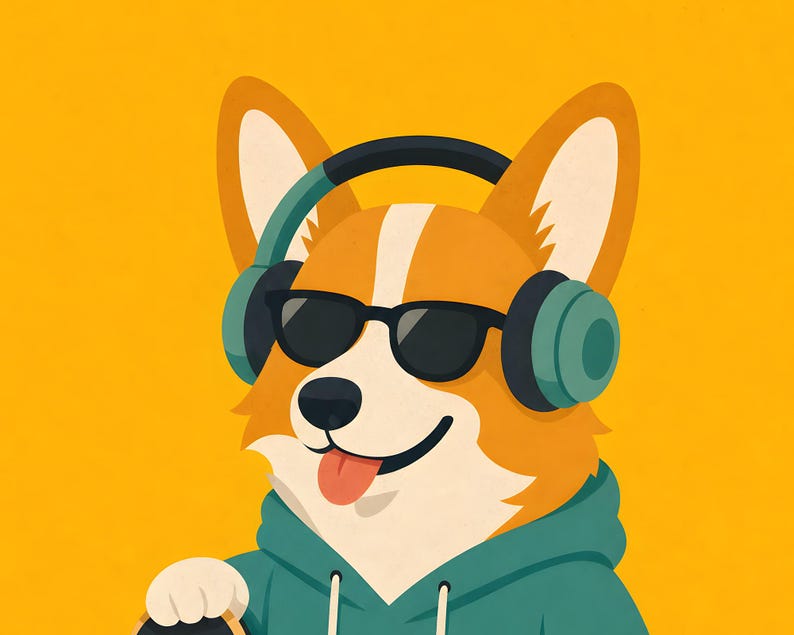 May include: A digital illustration of a Corgi dog wearing black sunglasses and teal over-ear headphones. The dog has orange and white fur, a black nose, and a pink tongue sticking out. It is wearing a teal hooded sweatshirt against a yellow background.