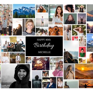 May include: A collage of photos celebrating a 40th birthday. The photos show a variety of people, places, and activities. The text "HAPPY 40th Birthday MICHELLE" is displayed in the center of the collage.