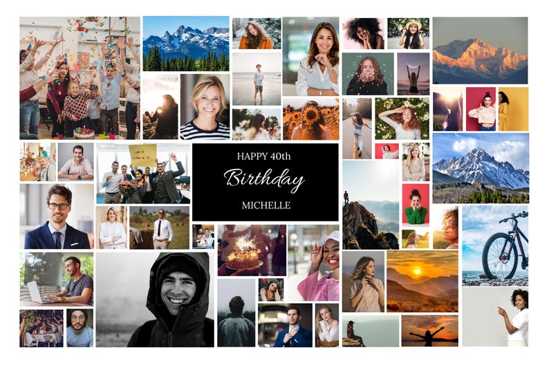 May include: A collage of photos celebrating a 40th birthday. The photos show a variety of people, places, and activities. The text "HAPPY 40th Birthday MICHELLE" is displayed in the center of the collage.