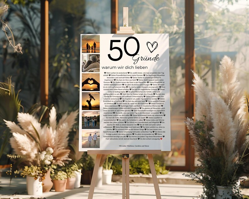 Personalisiertes Geschenk zum 50. Geburtstag – Fotocollage, 50 Gründe warum wir dich lieben, Canva Vorlage image 5
