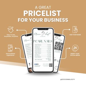 May include: A digital price list for a nail salon called Pearl Nails. The price list includes services like classic manicure, gel manicure, French manicure, classic pedicure, gel pedicure, and French pedicure. The price list also includes a QR code for Venmo payments.