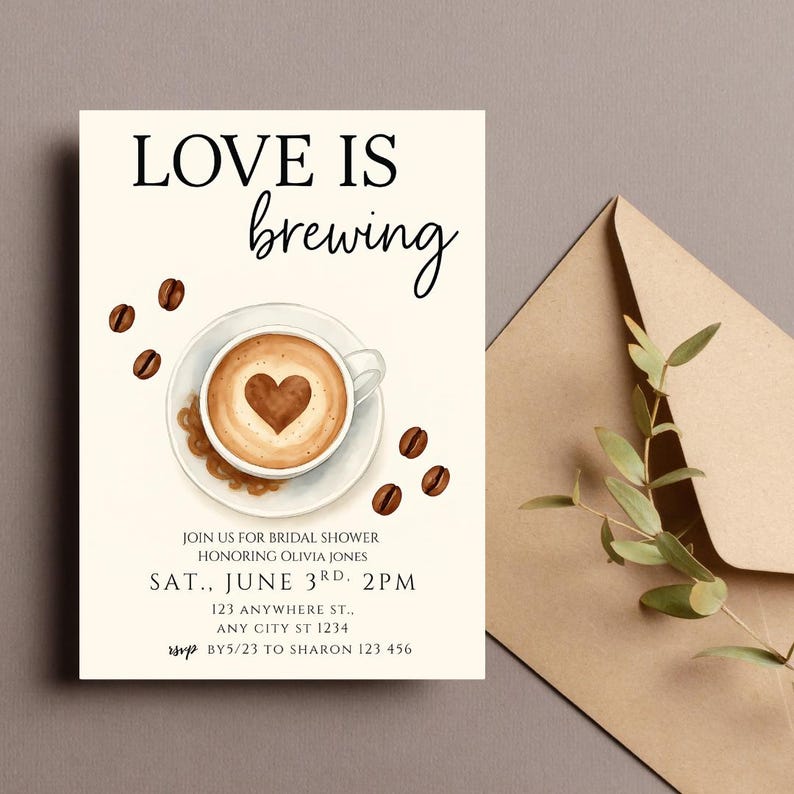Pu&ograve; includere: Un biglietto bianco con il testo "LOVE IS brewing" in lettere nere. Un'illustrazione ad acquerello di una tazza di caff&egrave; con un disegno a forma di cuore nella schiuma si trova al centro del biglietto. Il testo "JOIN US FOR BRIDAL SHOWER HONORING OLIVIA JONES SAT., JUNE 3RD. 2PM 123 ANYWHERE ST.. ANY CITY ST 1234 rsvp BY5/23 TO SHARON 123 456" &egrave; stampato in nero nella parte inferiore del biglietto.