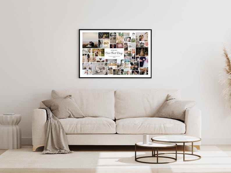 K&ouml;nnte beinhalten: Ein schwarzer gerahmter Foto-Collage einer Hochzeit mit dem Text "Our Best Day" in der Mitte.