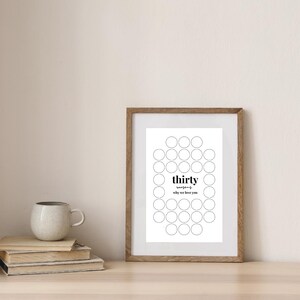 以下が含まれることがあります： 「thirty reasons why we love you」の黒い文字が入った額入りのプリント。プリントには円のグリッドがあります。本とマグカップの山がテーブルにあります。