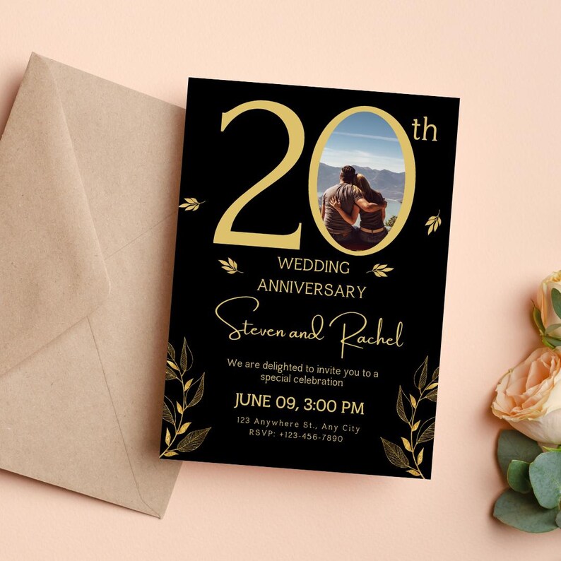May include: Black and gold wedding anniversary invitation with a photo of a couple. The invitation says "20th Wedding Anniversary Steven and Rachel" and includes the date and time of the event.