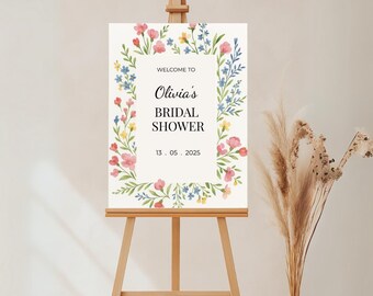 Welkomstbord voor een bruidsdouche met wilde bloemen, bewerkbare Canva-sjabloon, printbare poster voor bruiloften en andere gelegenheden, bruiloftsdecoratie