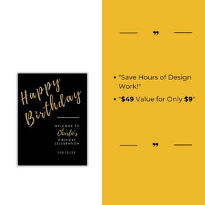 Op de afbeelding: Zwart en gouden printbaar bord met de tekst "Happy Birthday" en daaronder "Welcome to Charlie's Birthday Celebration 10/12/25".