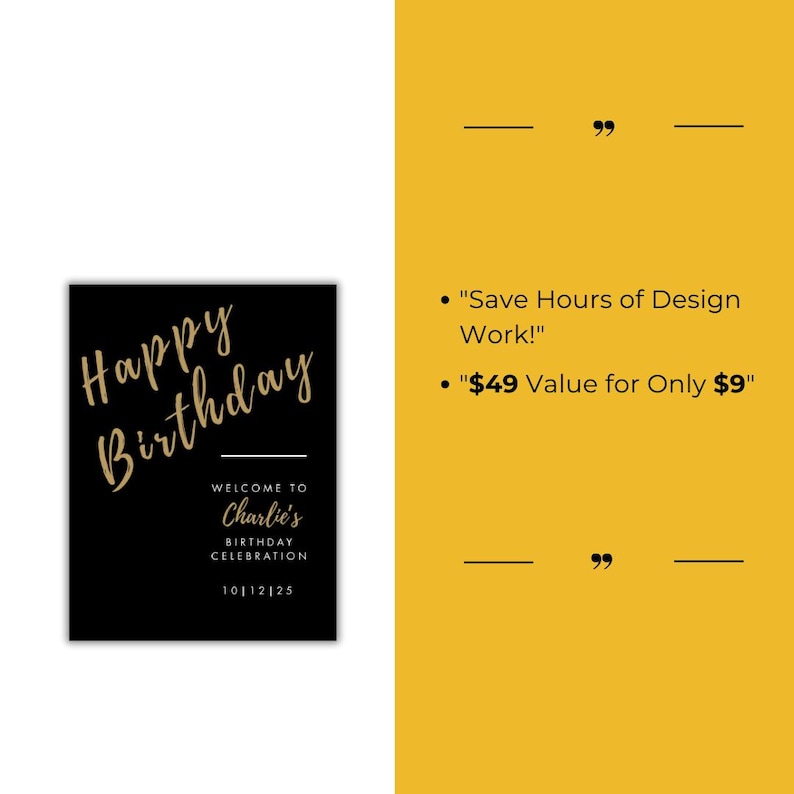 Op de afbeelding: Zwart en gouden printbaar bord met de tekst "Happy Birthday" en daaronder "Welcome to Charlie's Birthday Celebration 10/12/25".