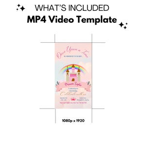 May include: A pink and blue princess-themed video template with a castle, rainbow, and the text "Once Upon a Time" and "Princess Sophia". The template is 1080 pixels by 1920 pixels.