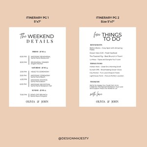 K&ouml;nnte beinhalten: Zwei wei&szlig;e Hochzeits-Reisekarten im Format 12,7 cm x 17,8 cm mit schwarzem Text. Die erste Karte listet Wochenenddetails auf, einschlie&szlig;lich Zeiten und Orte. Die zweite Karte listet unterhaltsame Aktivit&auml;ten, Restaurants und eine Dankesnachricht auf.