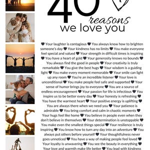 May include: A colorful poster with a large black number 40 and a heart. The poster lists 40 reasons why someone is loved. The text includes phrases like "Your laughter is contagious", "Your kindness has no limits", and "You make every moment memorable".
